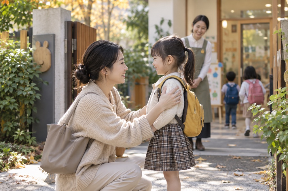 家长在幼儿园门口与孩子告别