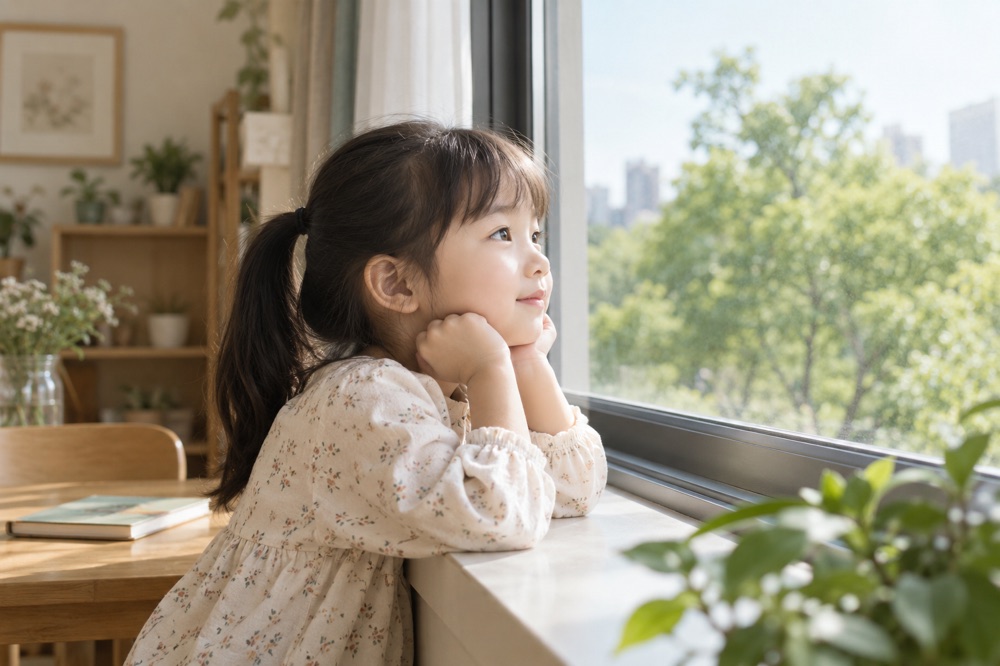 孩子在窗边休息远眺