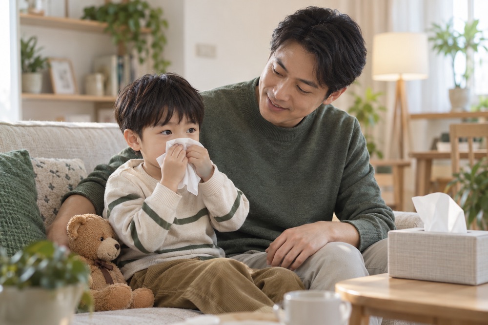 孩子在照护者身边使用纸巾