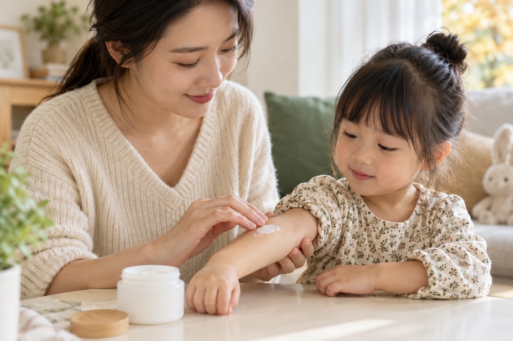 家长为孩子涂抹润肤乳