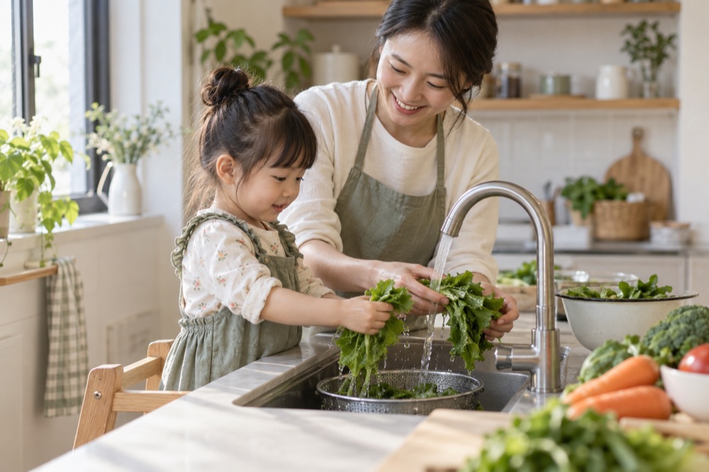 家长和孩子一起清洗蔬菜