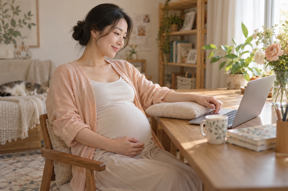 孕妇在桌边放松手腕