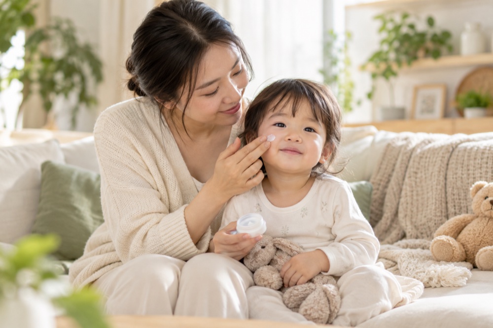 妈妈为幼儿脸颊轻轻涂乳霜