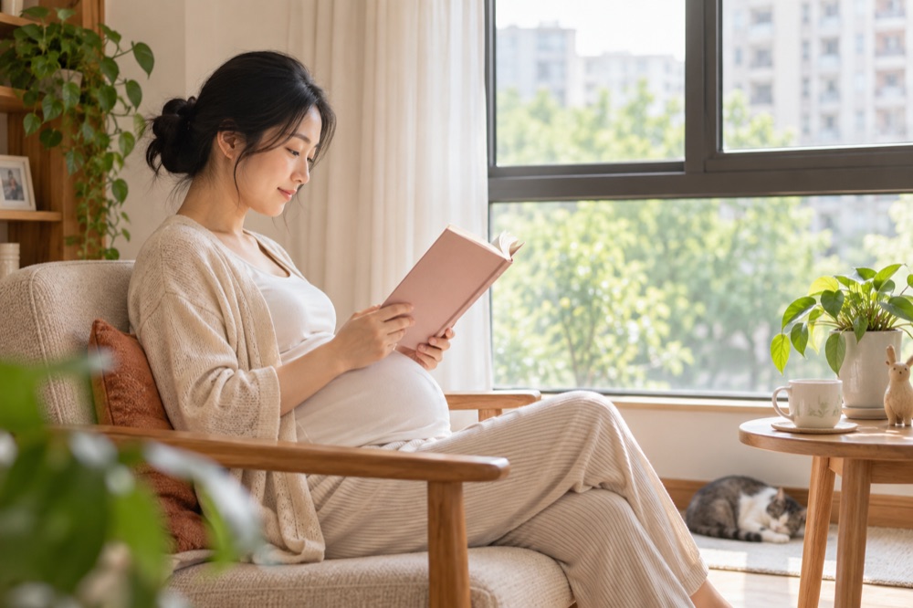 孕妇在明亮窗边阅读孕期笔记