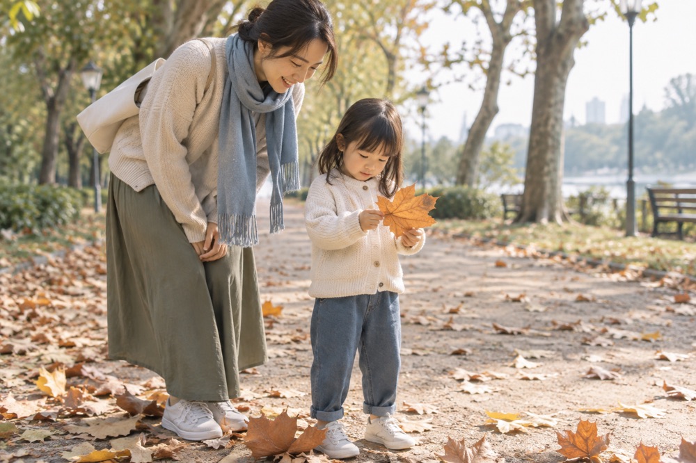 孩子观察公园落叶
