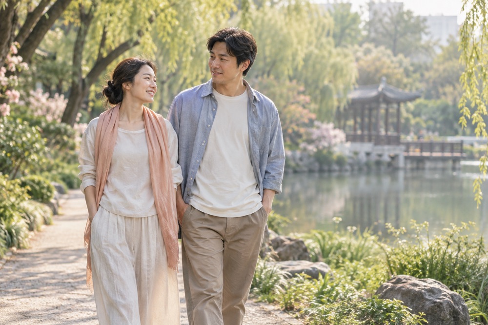 产后妈妈和家人在平路散步