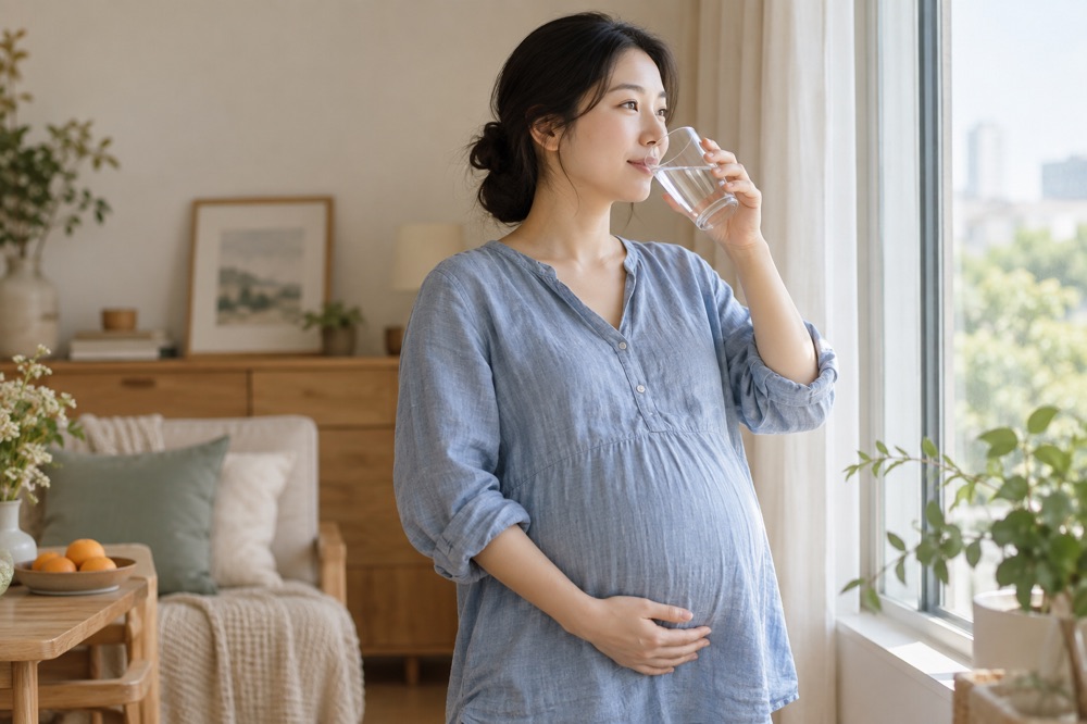 孕妇在窗边喝水