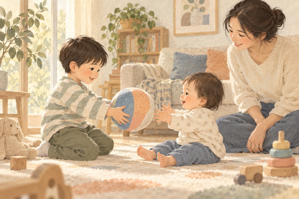 两个孩子轮流玩玩具